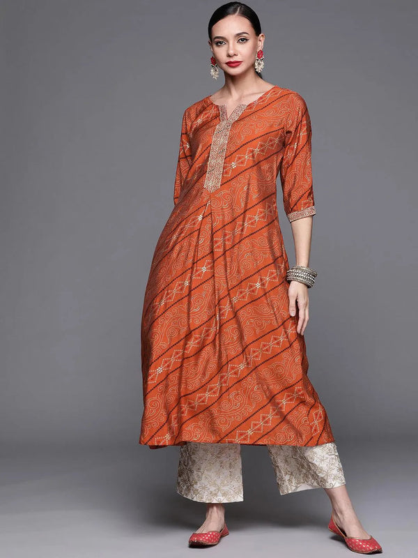 Orange Printed Chanderi Silk Kurta - Jashvi