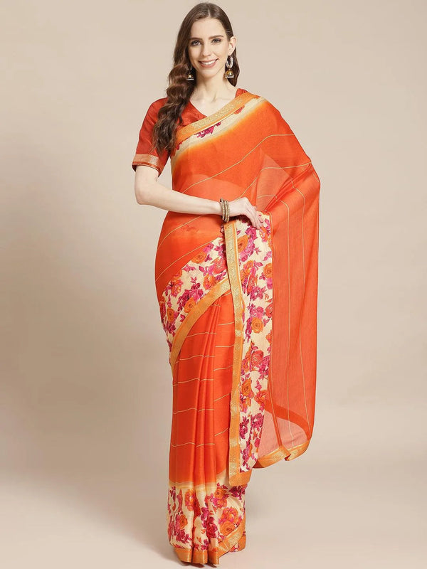 Orange Printed Chiffon Saree - Jashvi