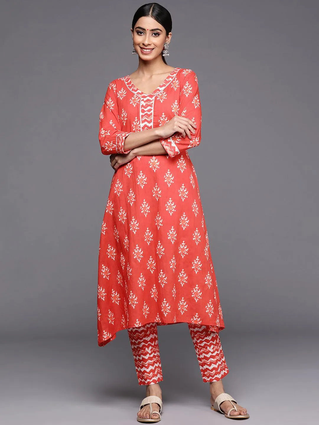 Orange Printed Cotton A-Line Kurta Set With Trousers - Jashvi