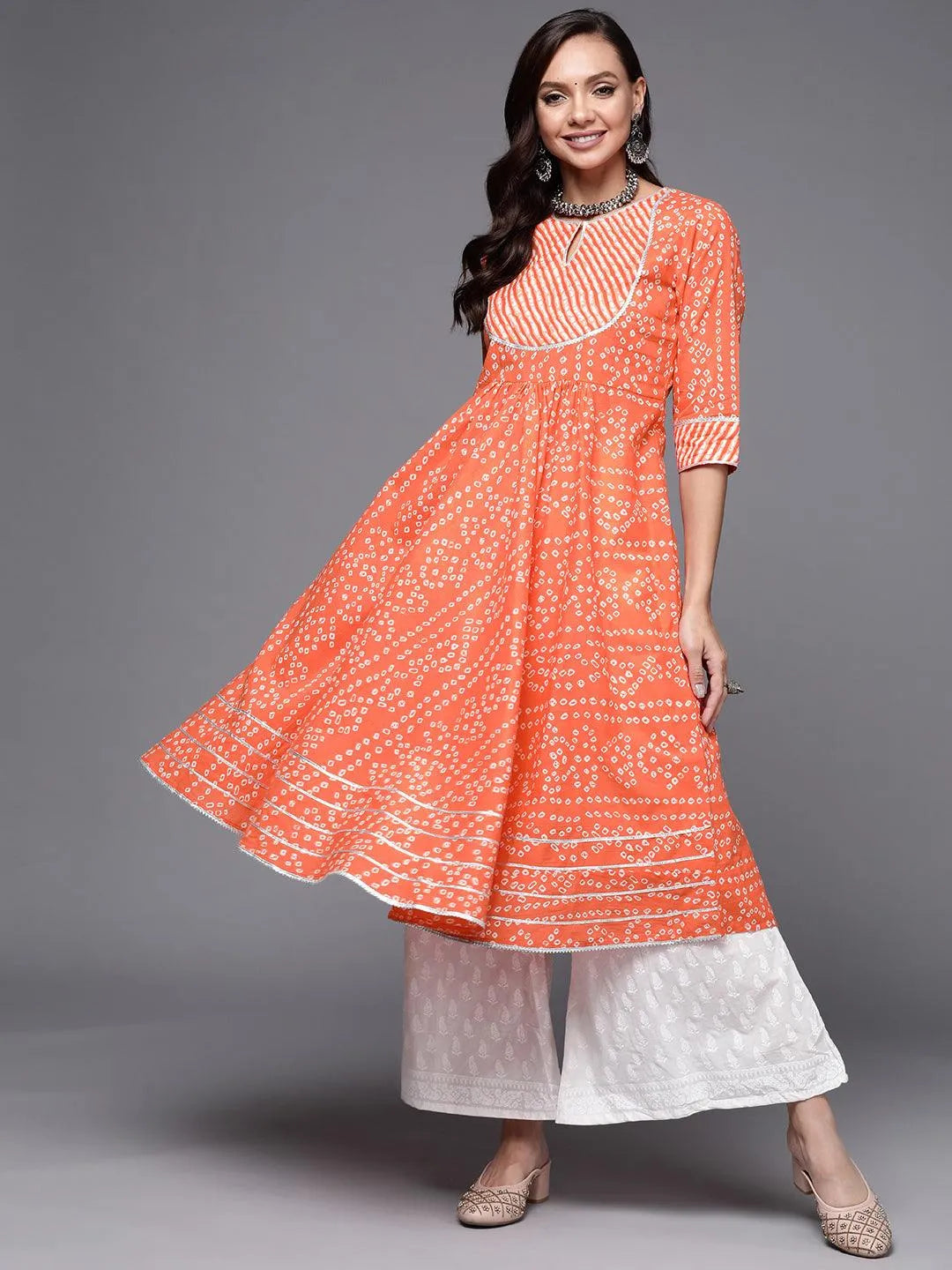 Orange Printed Cotton Anarkali Kurta - Jashvi