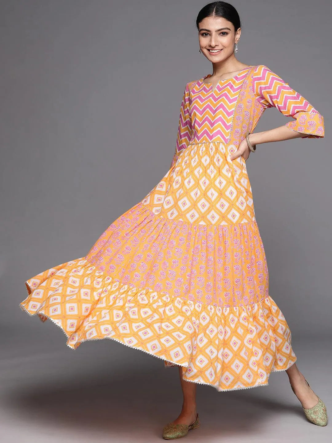 Orange Printed Cotton Dress - Jashvi