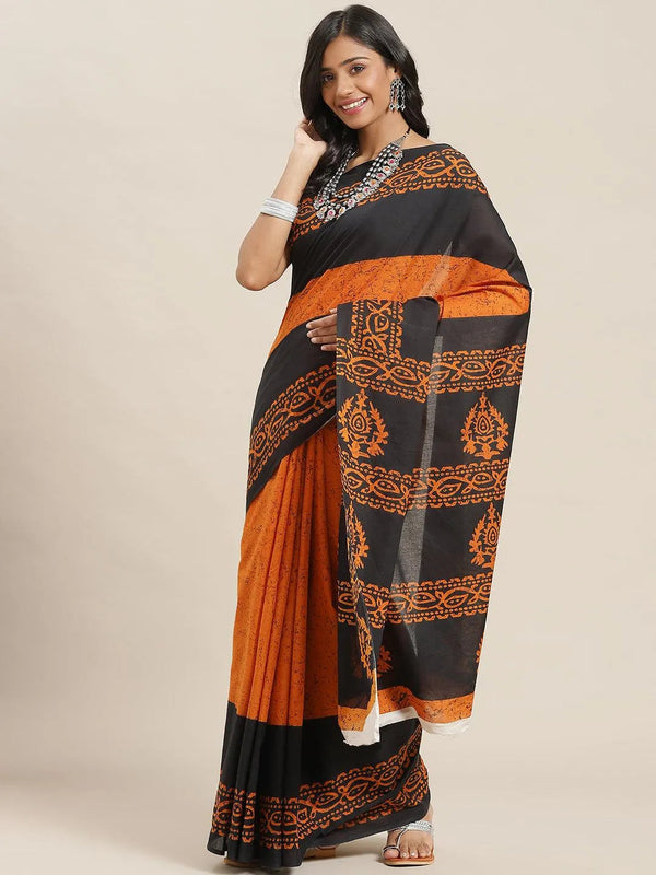 Orange Printed Cotton Saree - Jashvi