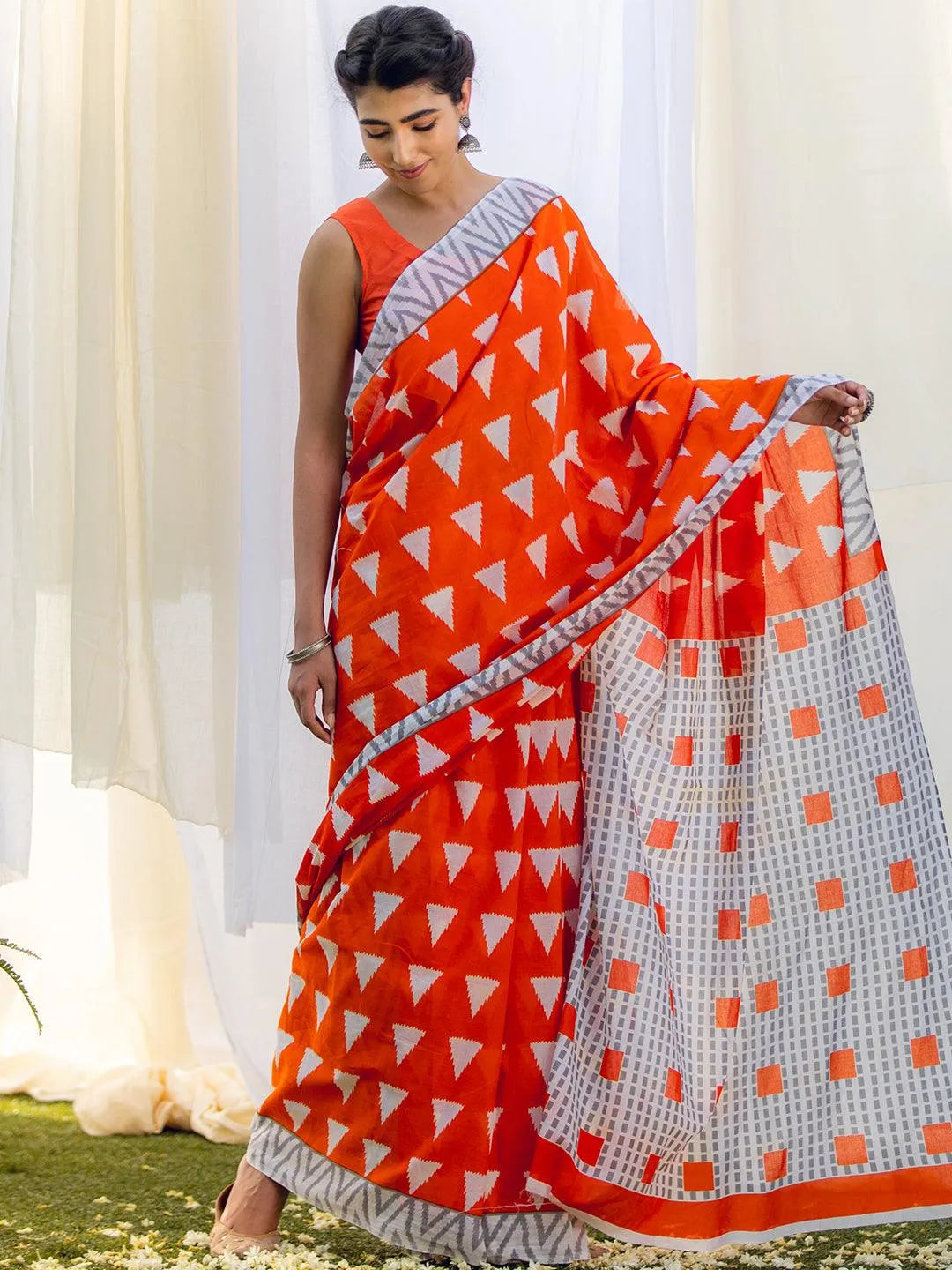 Orange Printed Cotton Saree - Jashvi