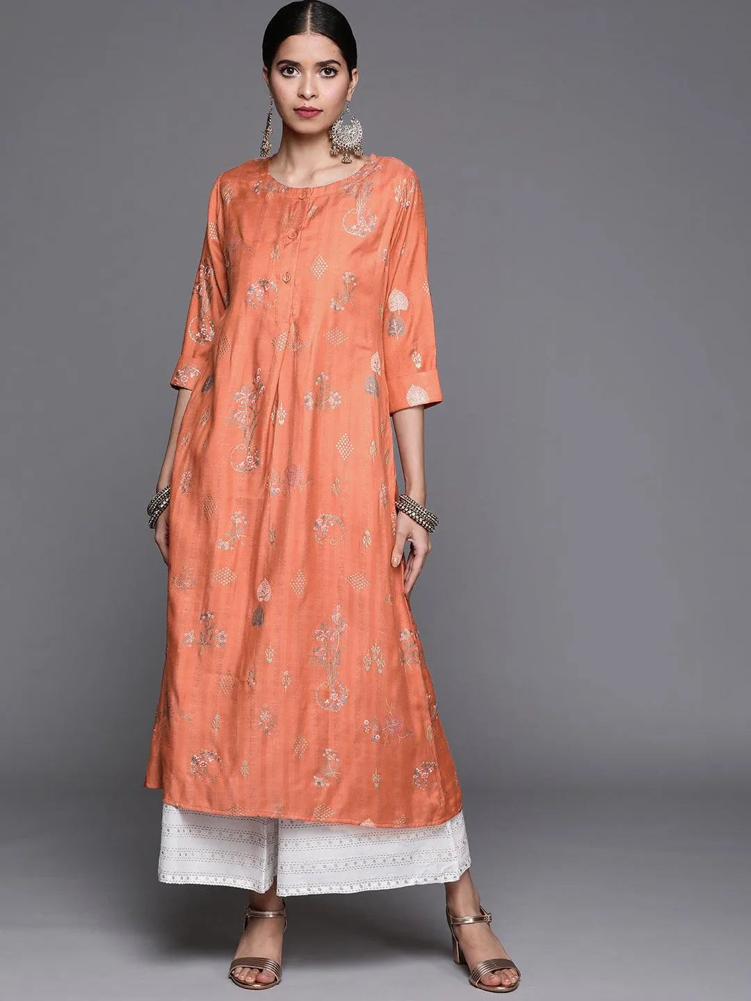 Orange Printed Cotton Silk Kurta - Jashvi