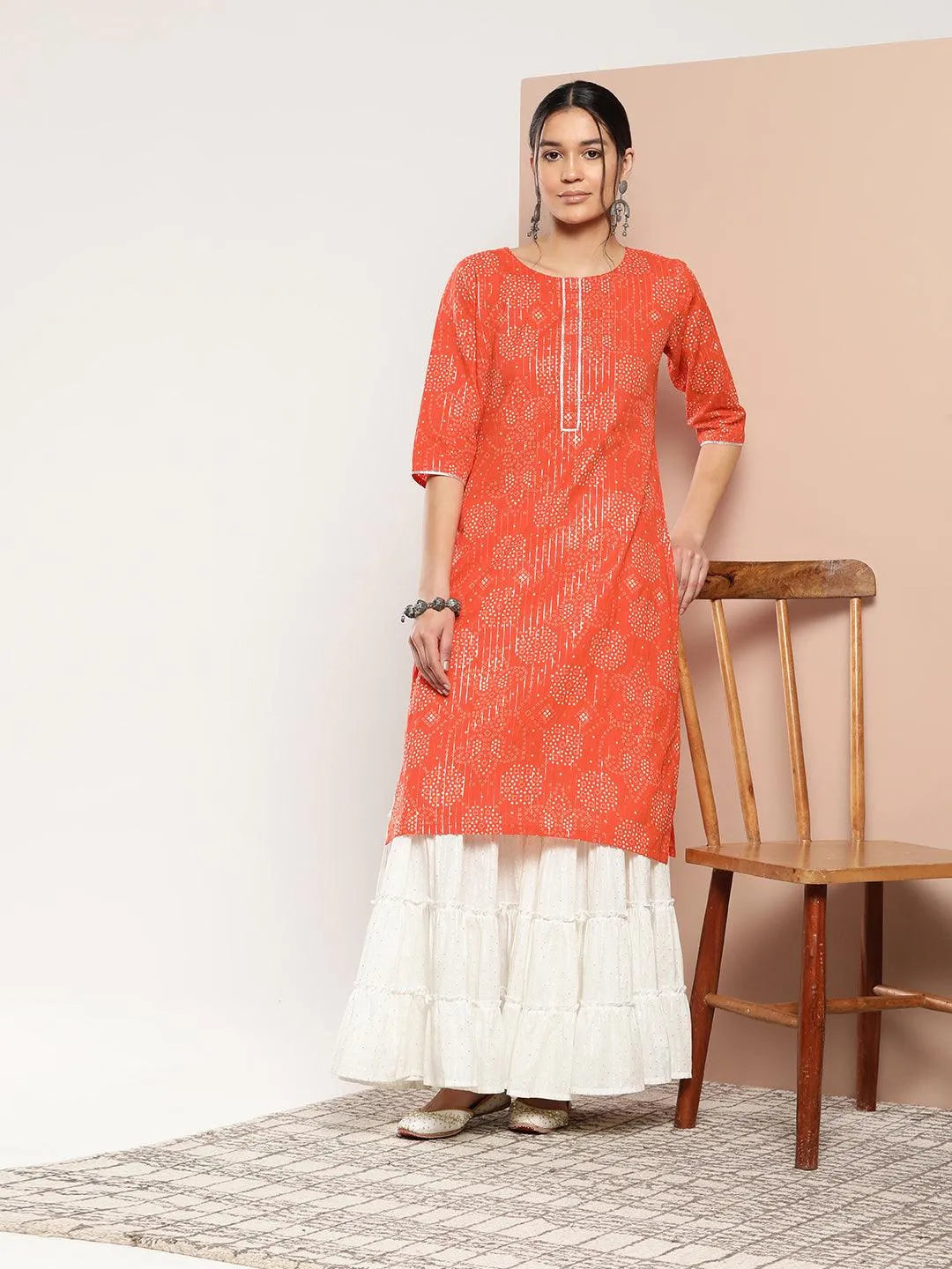 Orange Printed Cotton Straight Kurta - Jashvi