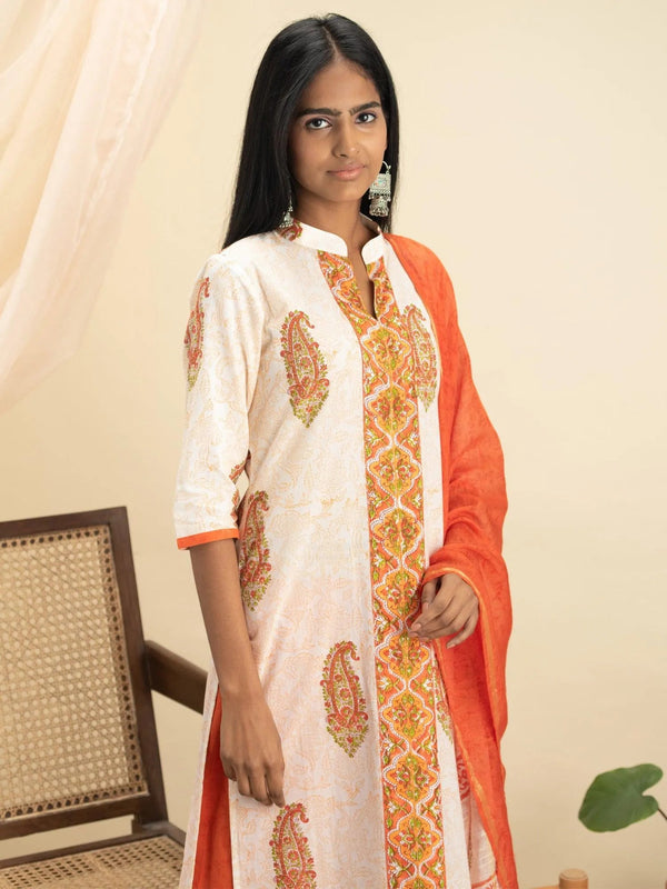 Orange Printed Cotton Suit Set - Jashvi