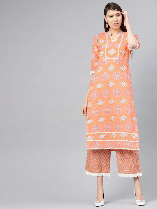 Orange Printed Cotton Kurta Set - Jashvi