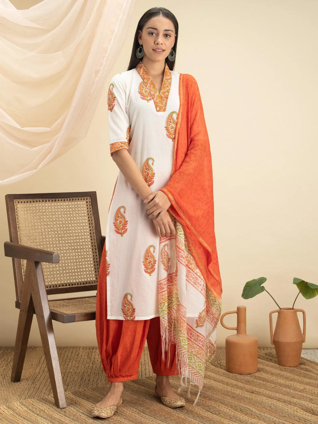 Orange Printed Cotton Suit Set - Jashvi