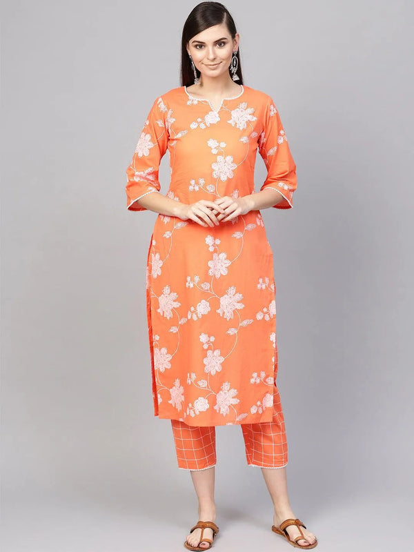 Orange Printed Cotton Kurta Set - Jashvi