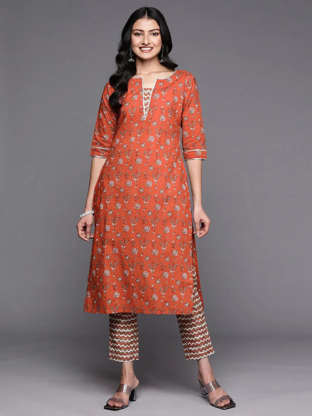 Orange Printed Cotton Straight Kurta Set With Trousers - Jashvi