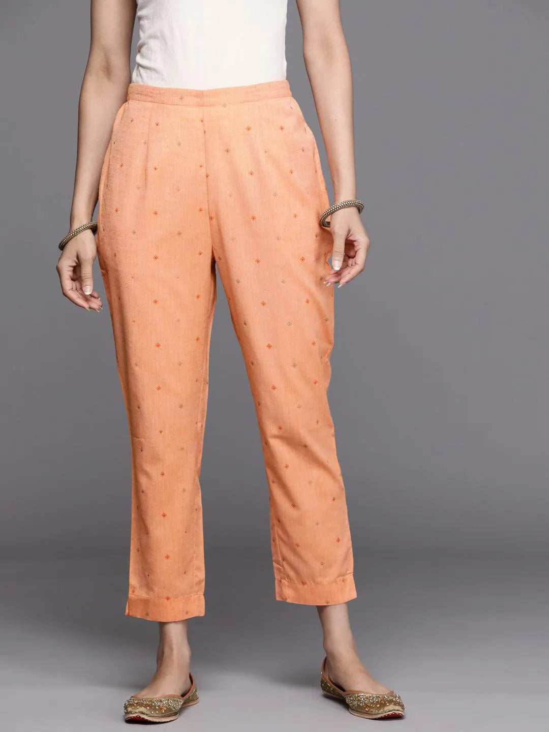 Orange Printed Cotton Trousers - Jashvi