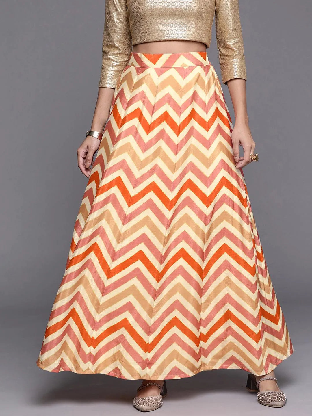 Orange Printed Crepe Skirt - Jashvi