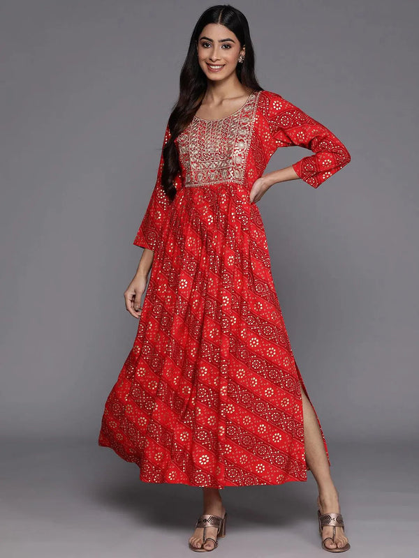 Orange Printed Fit and Flare Rayon Dress - Jashvi