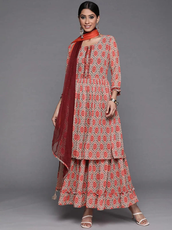 Orange Printed Georgette Suit Set - Jashvi