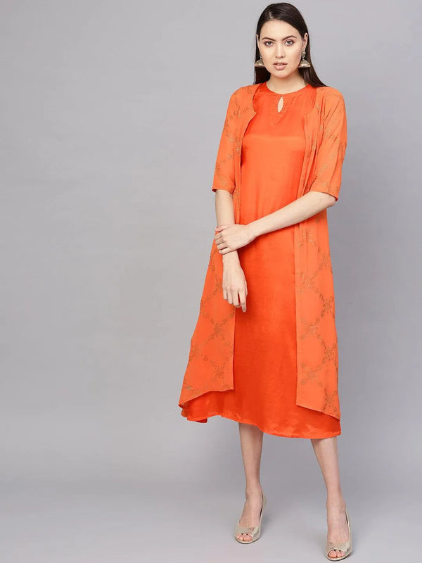 Orange Printed Polyester Dress With Jacket - Jashvi