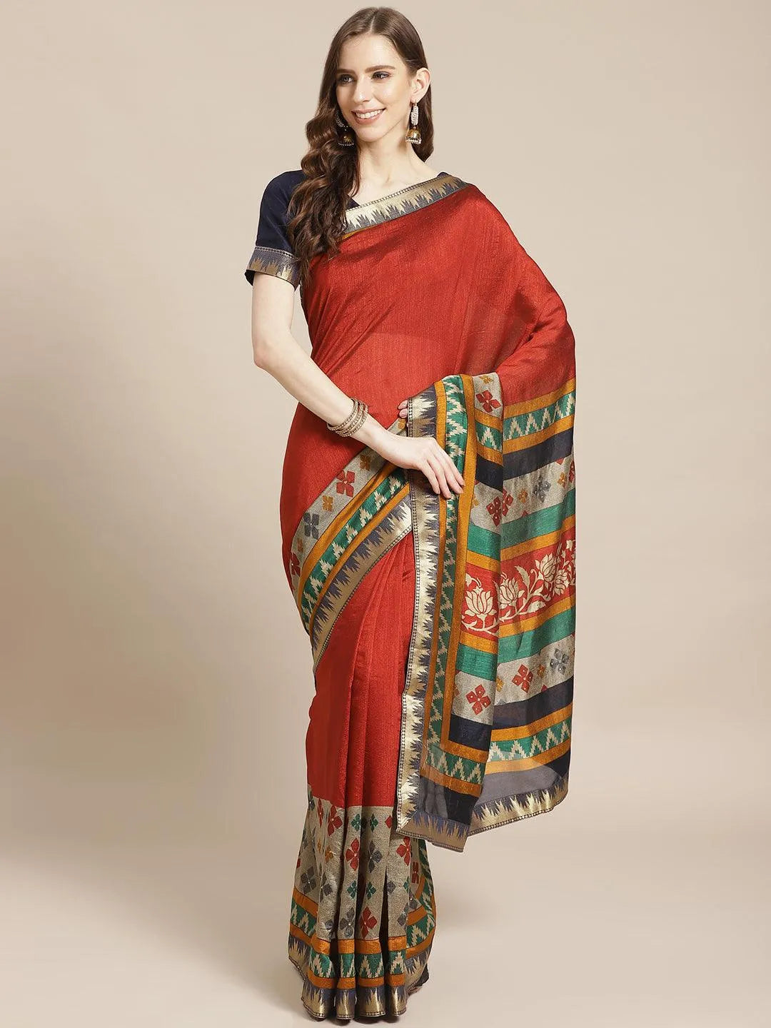 Orange Printed Polyester Saree - Jashvi