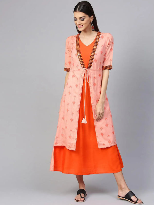 Orange Printed Rayon Dress With Jacket - Jashvi