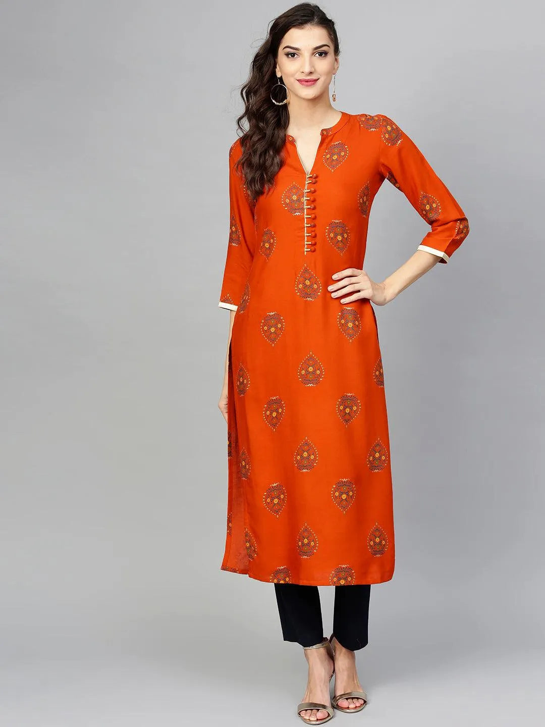 Orange Printed Rayon Kurta - Jashvi