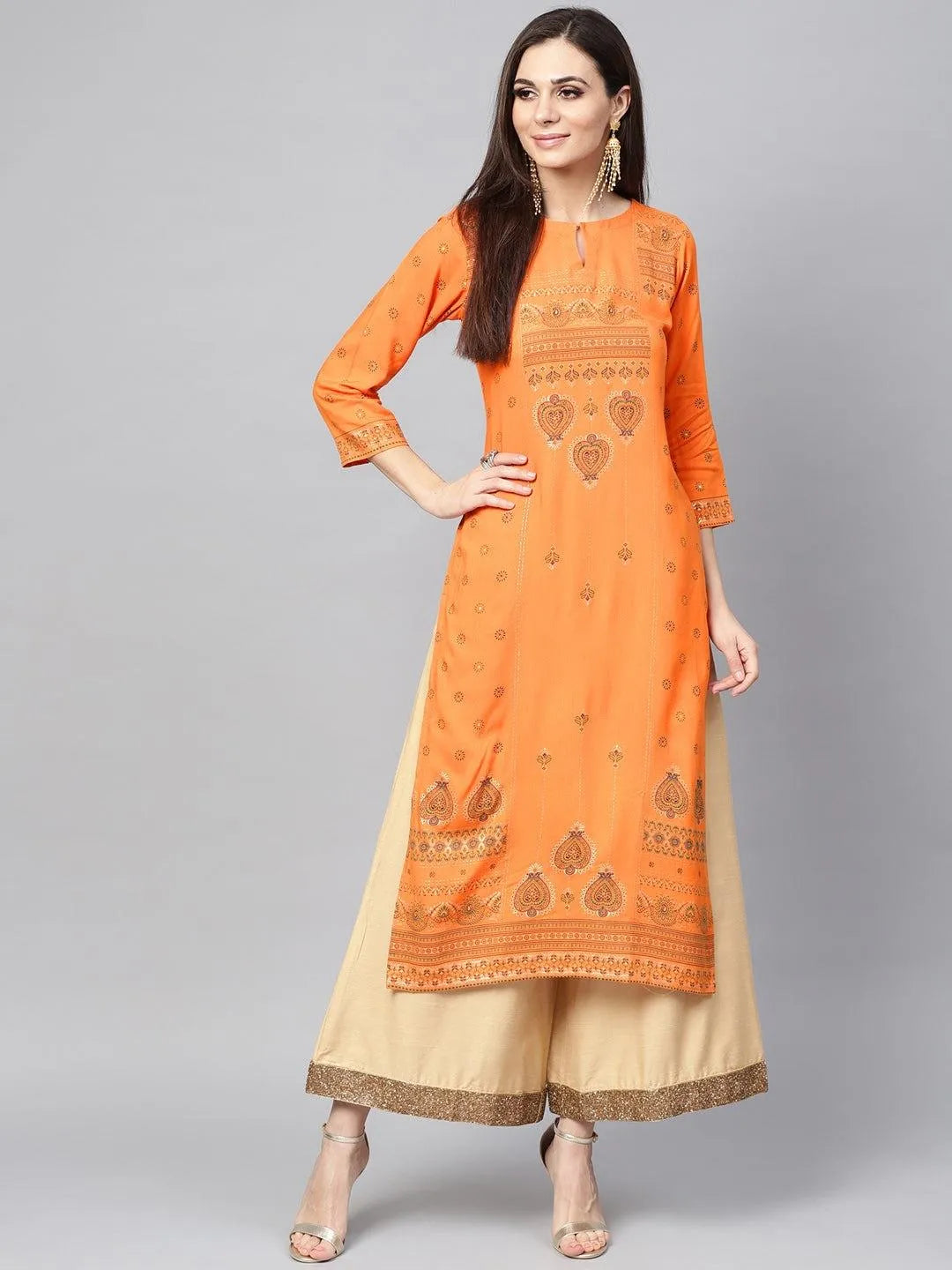 Orange Printed Rayon Kurta - Jashvi