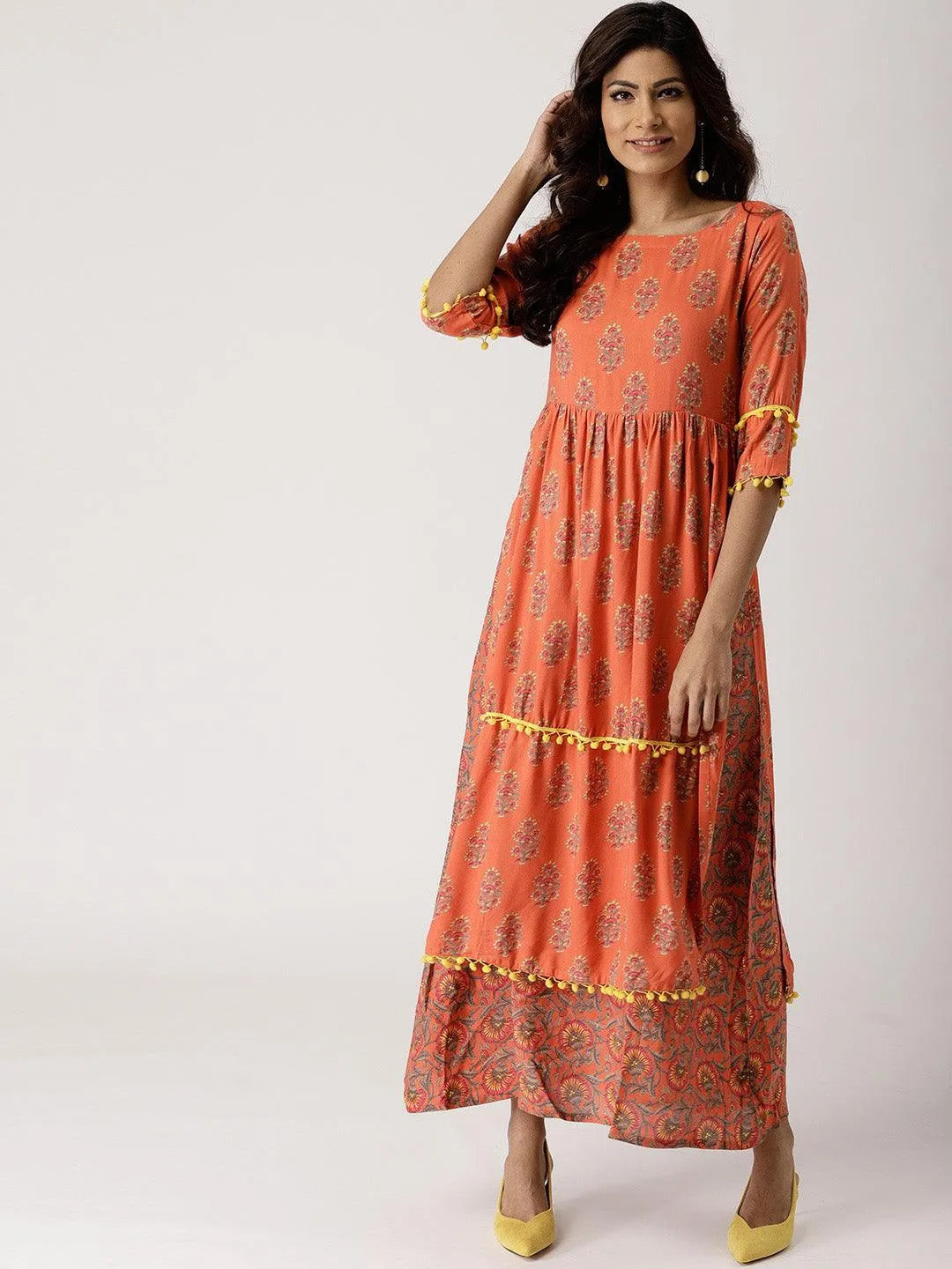 Orange Printed Rayon Layered Dress - Jashvi