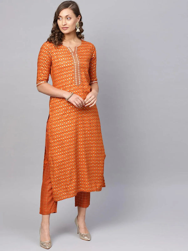 Orange Printed Rayon Kurta Set - Jashvi