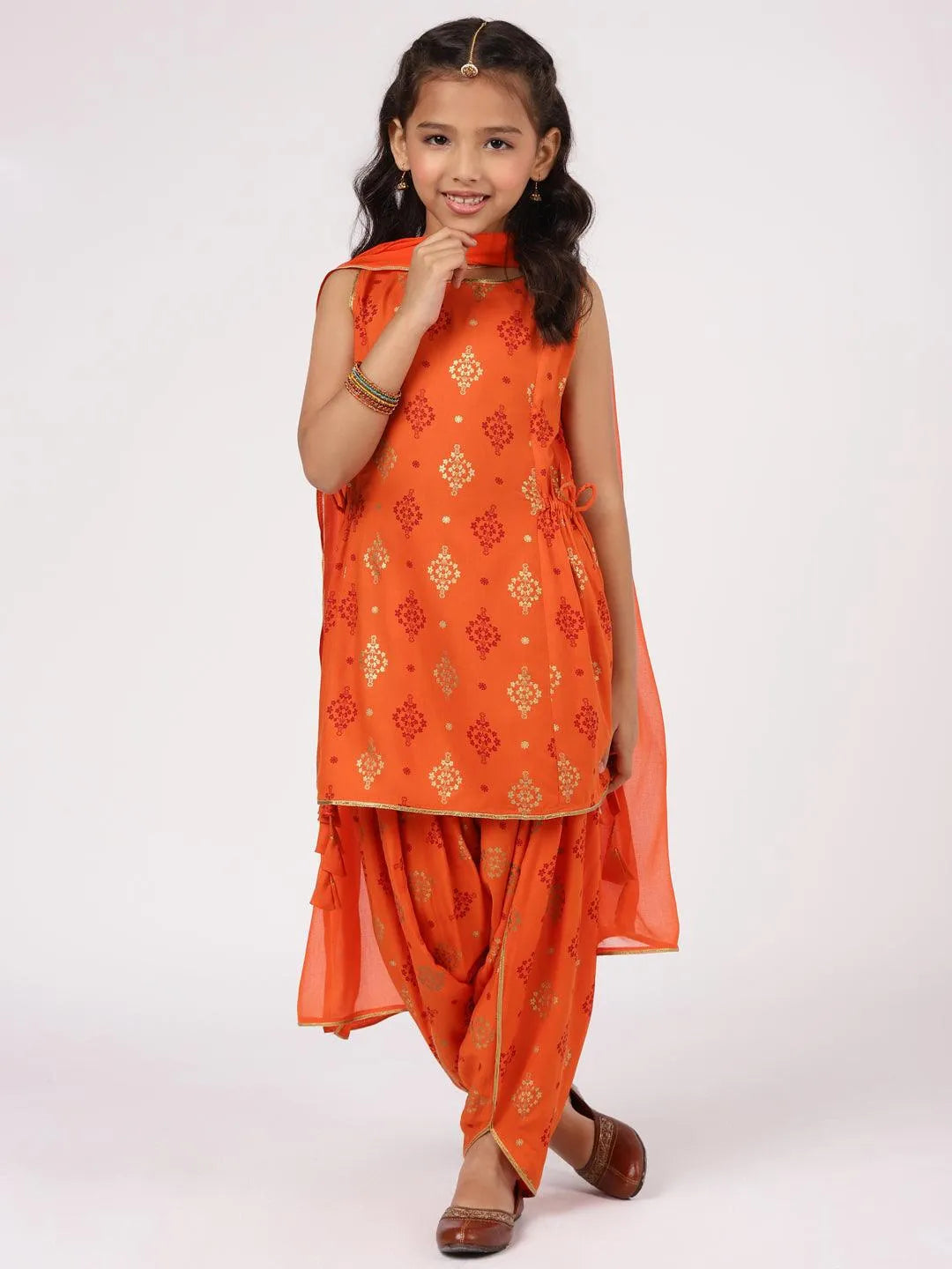 Orange Printed Rayon Straight Suit Set - Jashvi