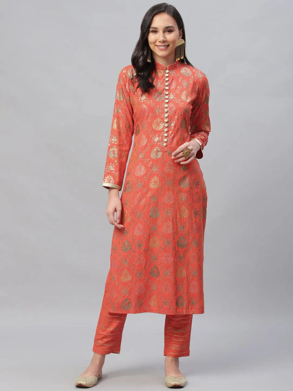 Orange Printed Rayon Kurta Set - Jashvi