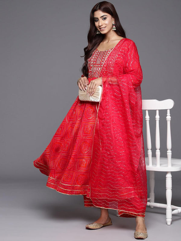 Orange Printed Silk Blend Anarkali Kurta With Trousers & Dupatta - Jashvi