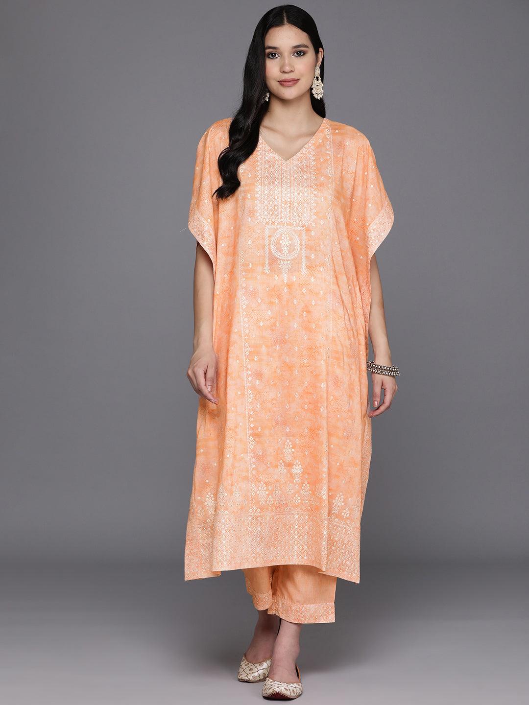 Orange Printed Silk Blend Kaftan Kurta Set With Trousers - Jashvi