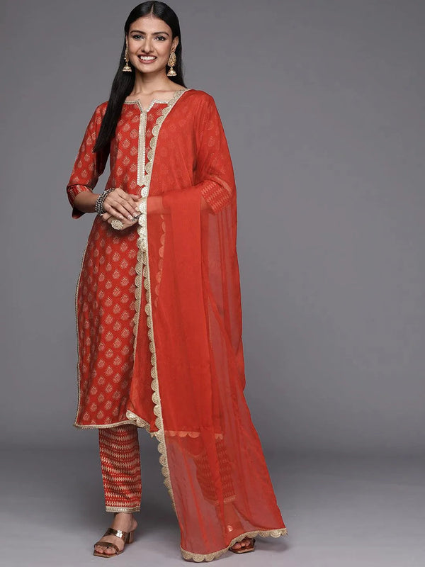 Orange Printed Silk Blend Straight Suit Set - Jashvi