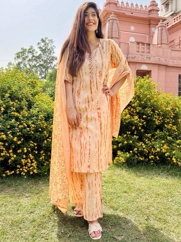 Orange Printed Silk Blend Straight Kurta With Trousers & Dupatta - Jashvi