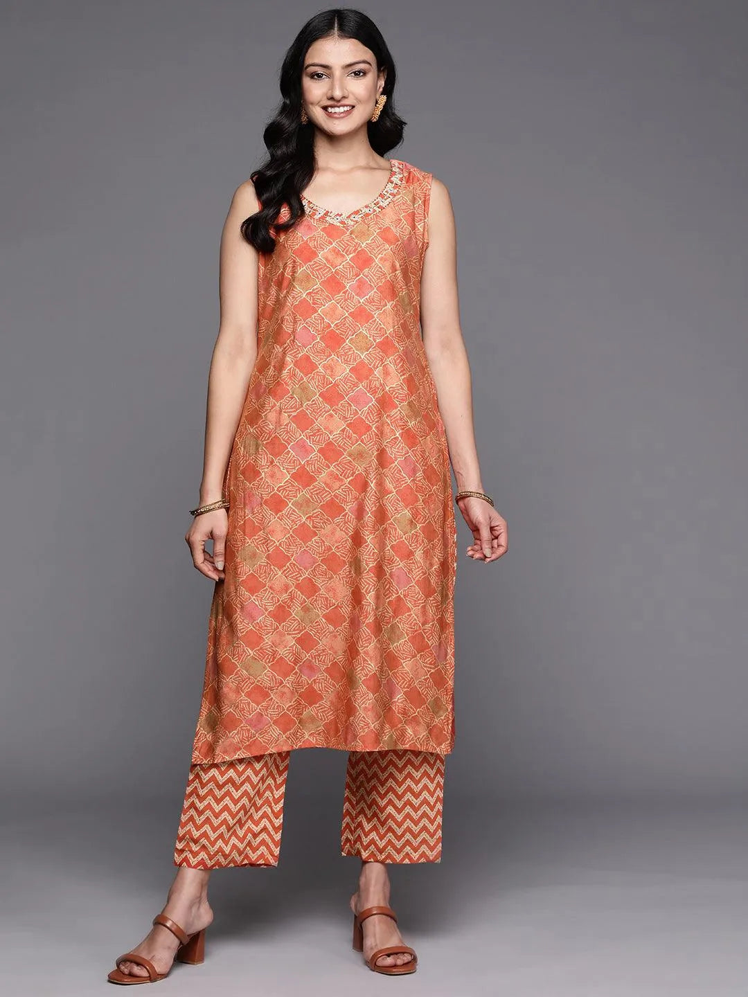 Orange Printed Silk Blend Straight Kurta Set With Trousers - Jashvi