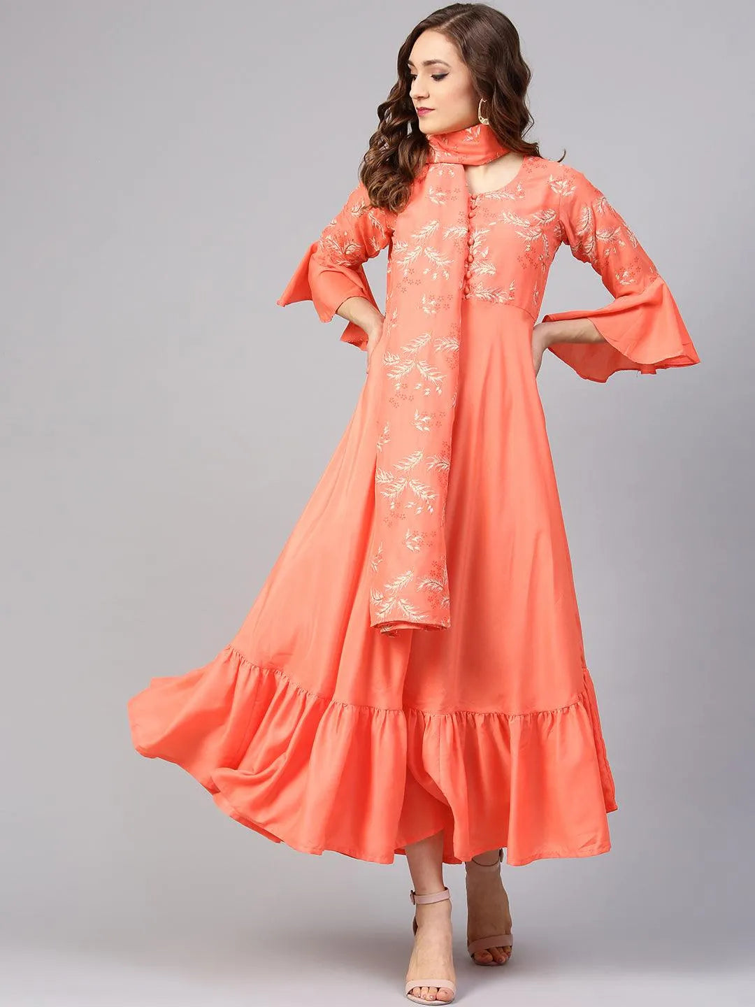 Orange Printed Silk Dress with Stole - Jashvi