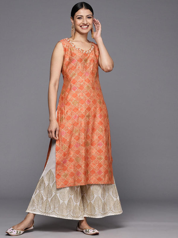 Orange Printed Silk Straight Kurta - Jashvi