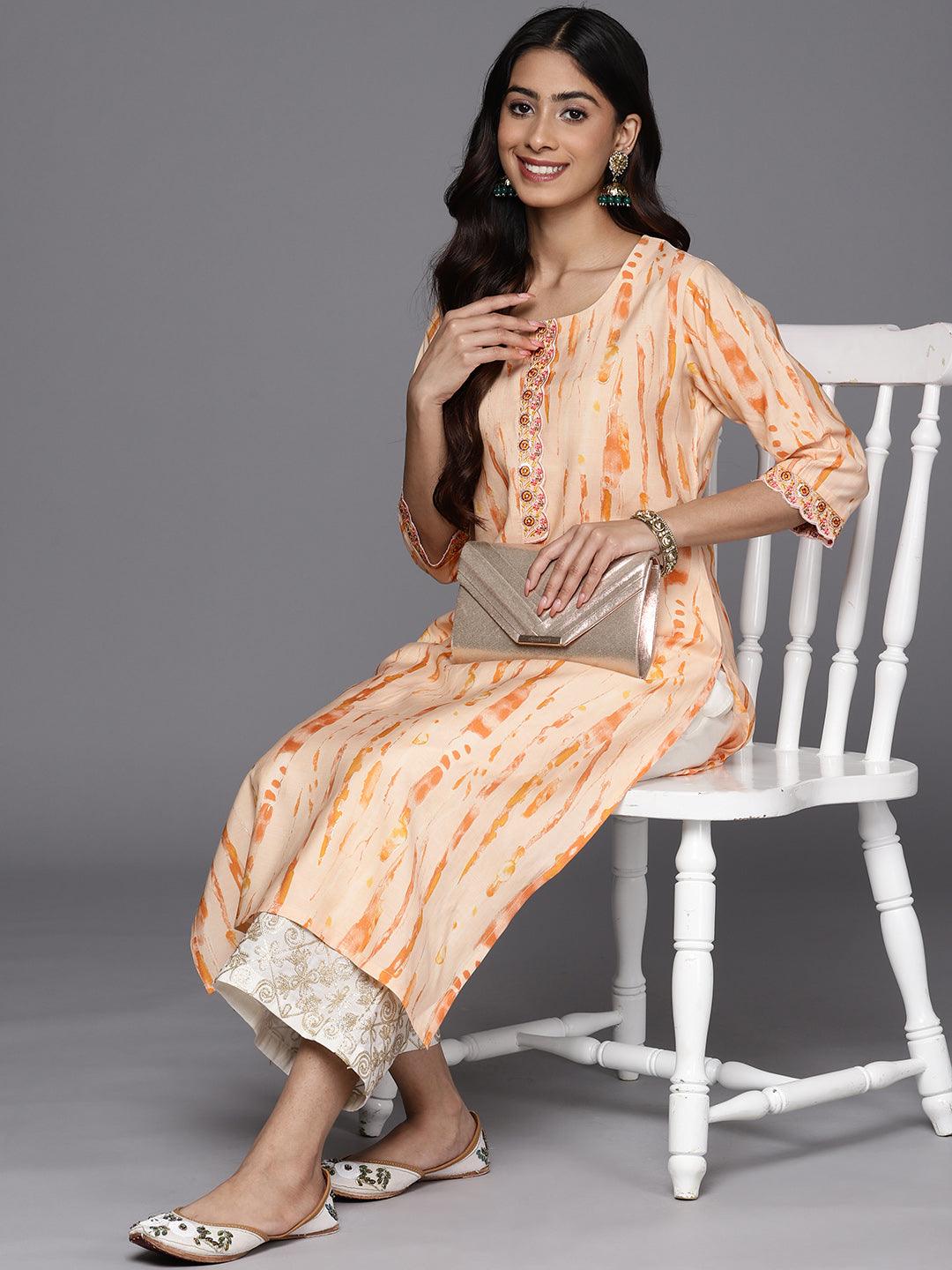 Orange Printed Silk Straight Kurta - Jashvi