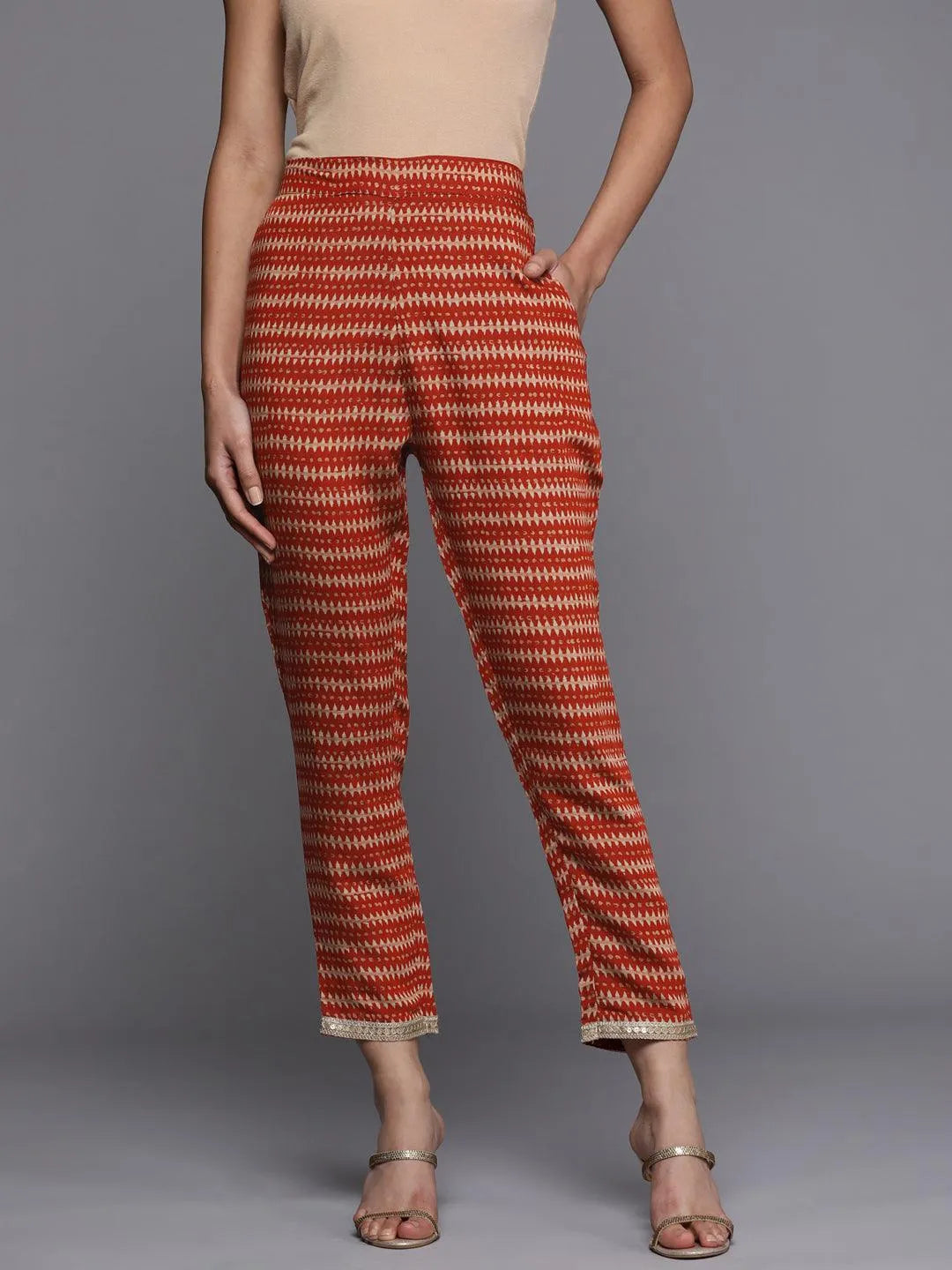 Orange Printed Silk Trousers - Jashvi