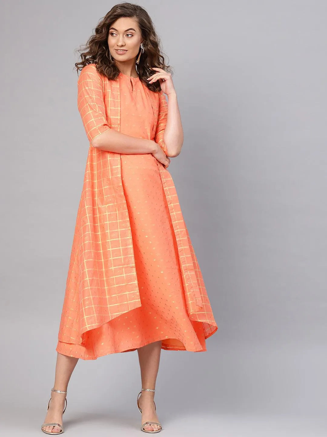 Orange Self Design Chanderi Dress With Jacket - Jashvi