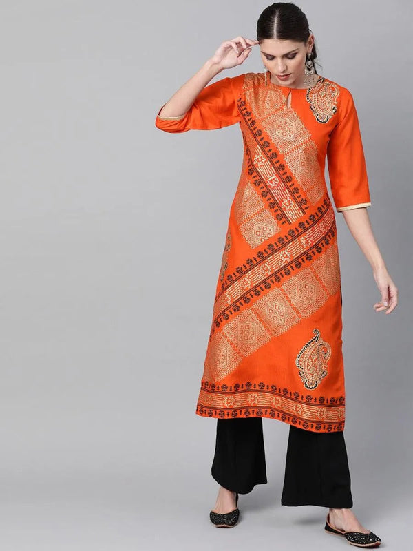 Orange Self Design Chanderi Kurta - Jashvi