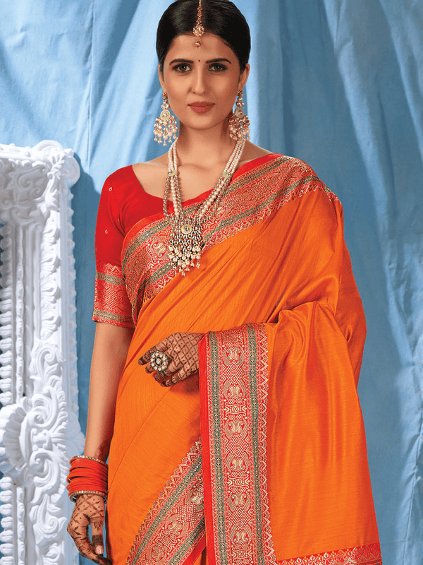 Women's Orange Silk Heavy Wevon Designer Saree - Odette