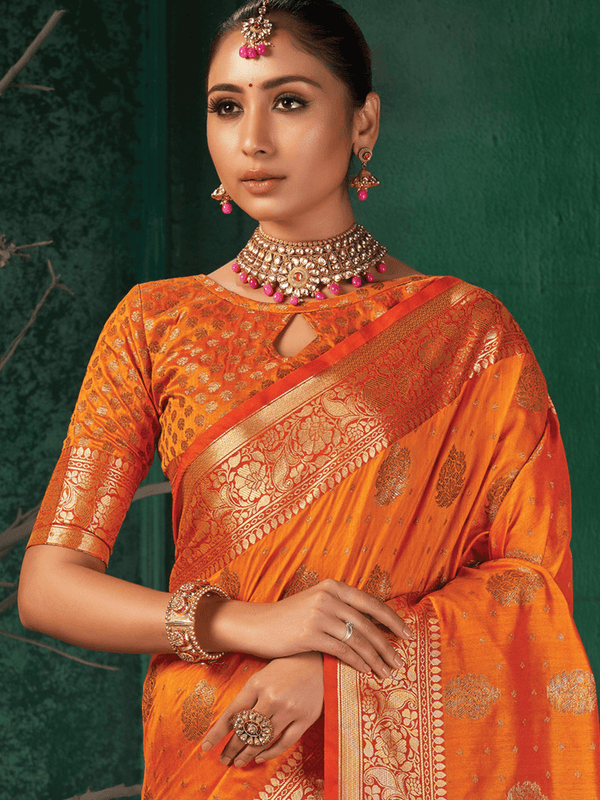 Women's Orange Silk Heavy Woven Designer Saree - Odette