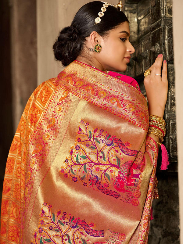 Women's Orange Silk Wevon Heavy Designer Embroidery Saree - Odette