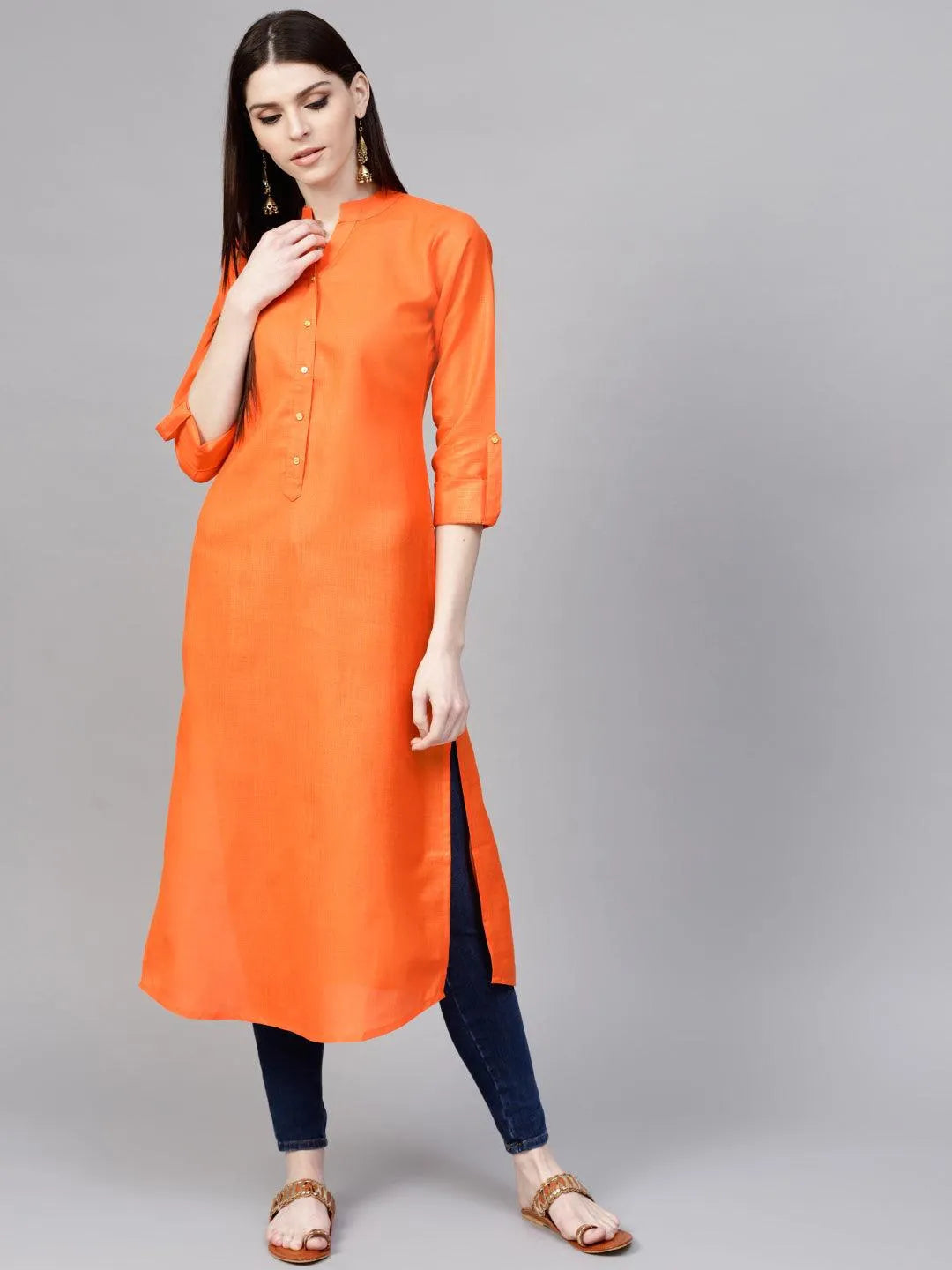 Orange Solid Cotton Kurta - Jashvi