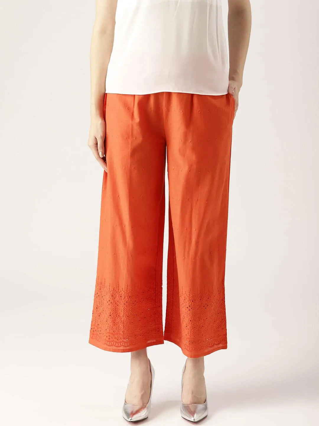 Orange Solid Cotton Palazzos - Jashvi