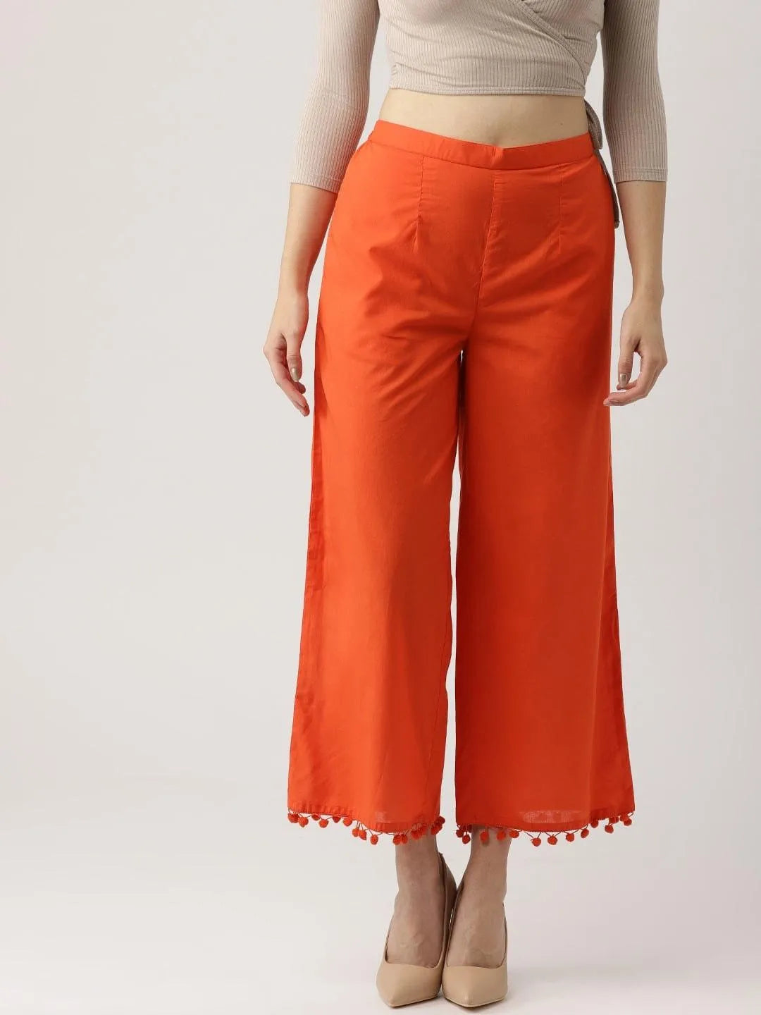 Orange Solid Cotton Palazzos - Jashvi