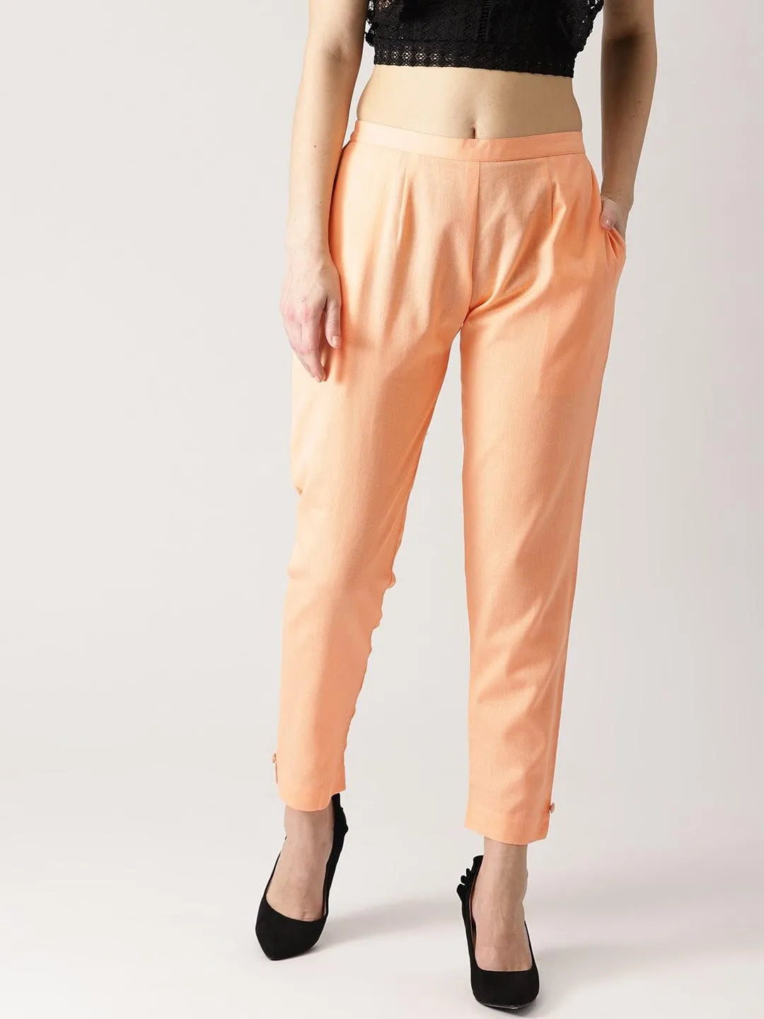 Orange Solid Cotton Trousers - Jashvi