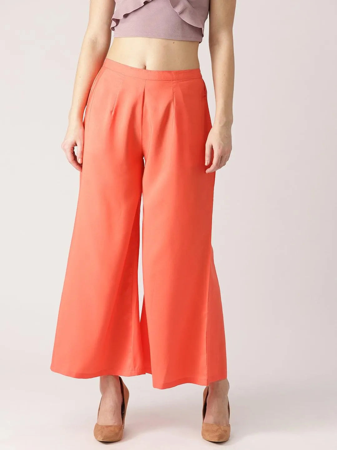 Orange Solid Crepe Palazzos - Jashvi