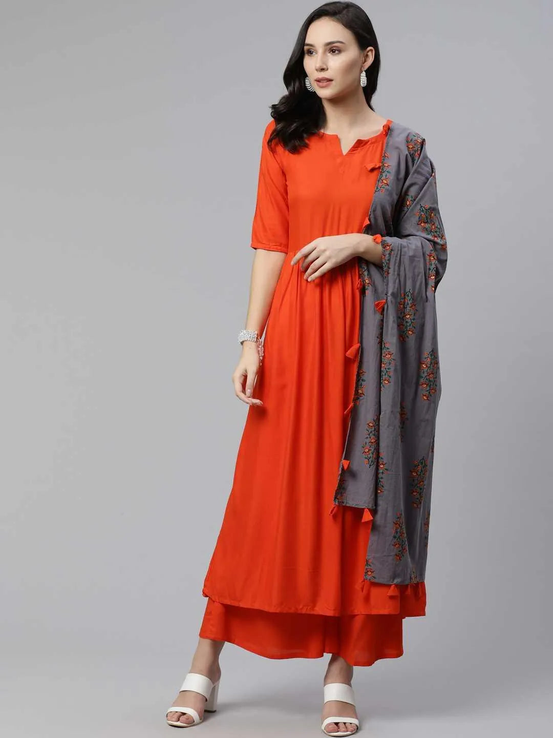 Orange Solid Rayon Suit Set - Jashvi