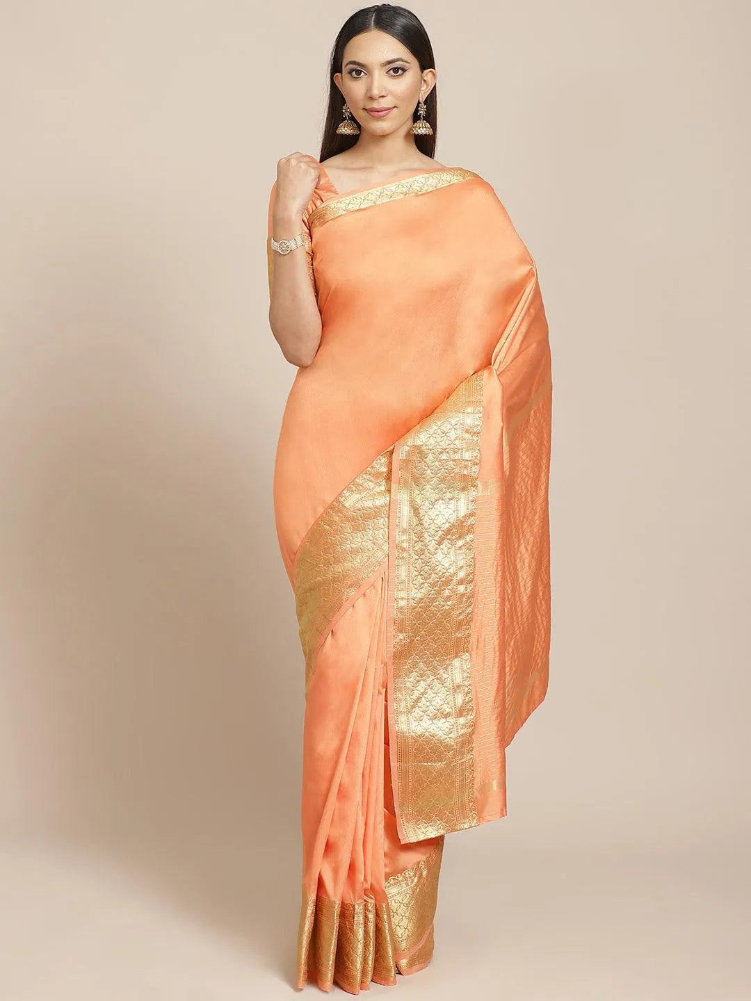 Orange Solid Silk Blend Saree - Jashvi