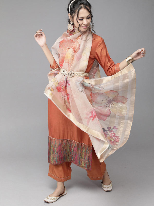 Women's Orange Solid Straight Kurta Palazzo With Dupatta Sets - Odette