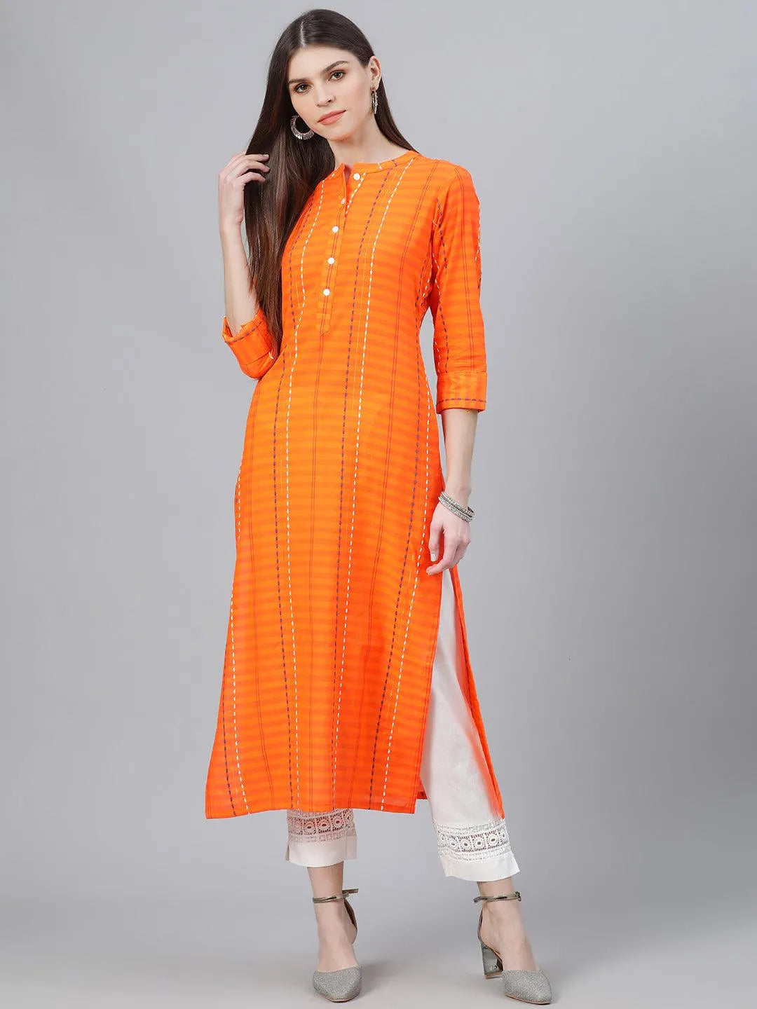 Orange Striped Cotton Kurta - Jashvi